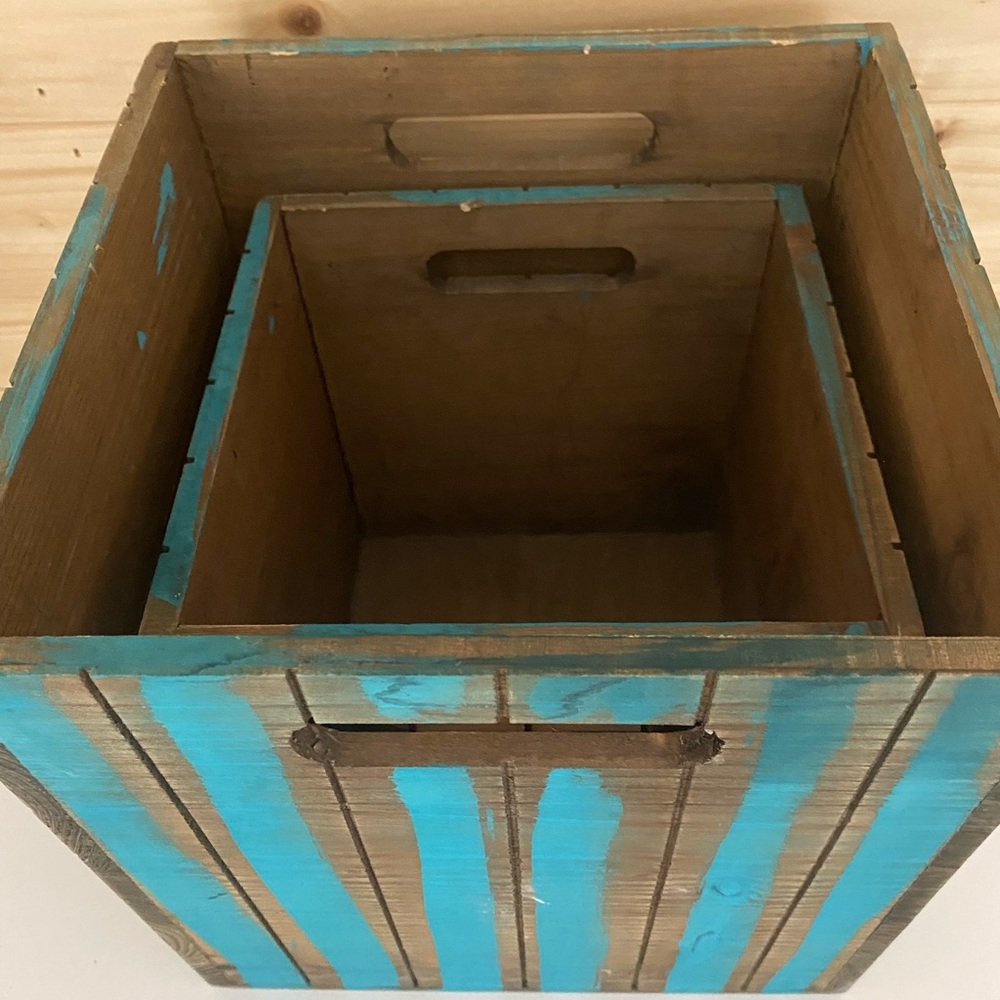 Rustic Farmhouse Wooden Storage Bin Set 2 Piece Built-In Handles Country Cottage - Picture 11 of 11